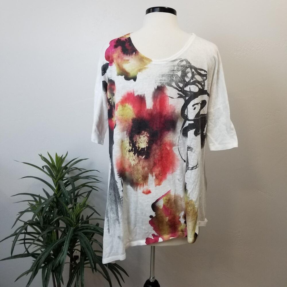 Et Lois Top Womens XL White Floral Asymmetrical Art To Wear Lagenlook C3121